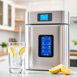 A sleek and modern alkaline water ionizer device, showcasing its high-tech features and elegant design