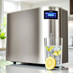 A sleek and modern alkaline water ionizer device, showcasing its high-tech features and elegant design