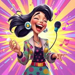 A lively 2D illustration of a woman singing joyfully, inspired by the playful art style of the game IncredyBox