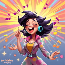 A lively 2D illustration of a woman singing joyfully, inspired by the playful art style of the game IncredyBox