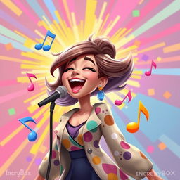 A lively 2D illustration of a woman singing joyfully, inspired by the playful art style of the game IncredyBox