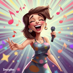 A lively 2D illustration of a woman singing joyfully, inspired by the playful art style of the game IncredyBox