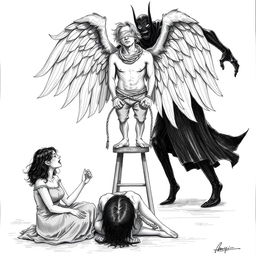 A dramatic and emotional drawing featuring a man with large, ethereal wings and wavy hair, standing on a stool