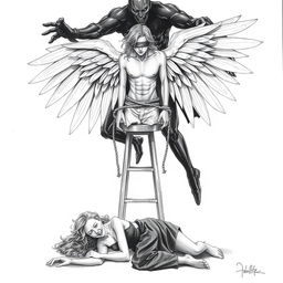 A dramatic and emotional drawing featuring a man with large, ethereal wings and wavy hair, standing on a stool