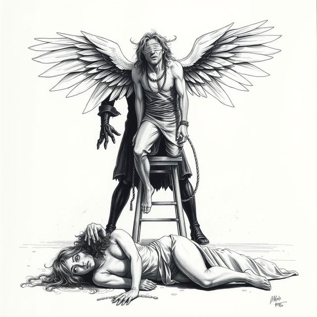 A dramatic and emotional drawing featuring a man with large, ethereal wings and wavy hair, standing on a stool