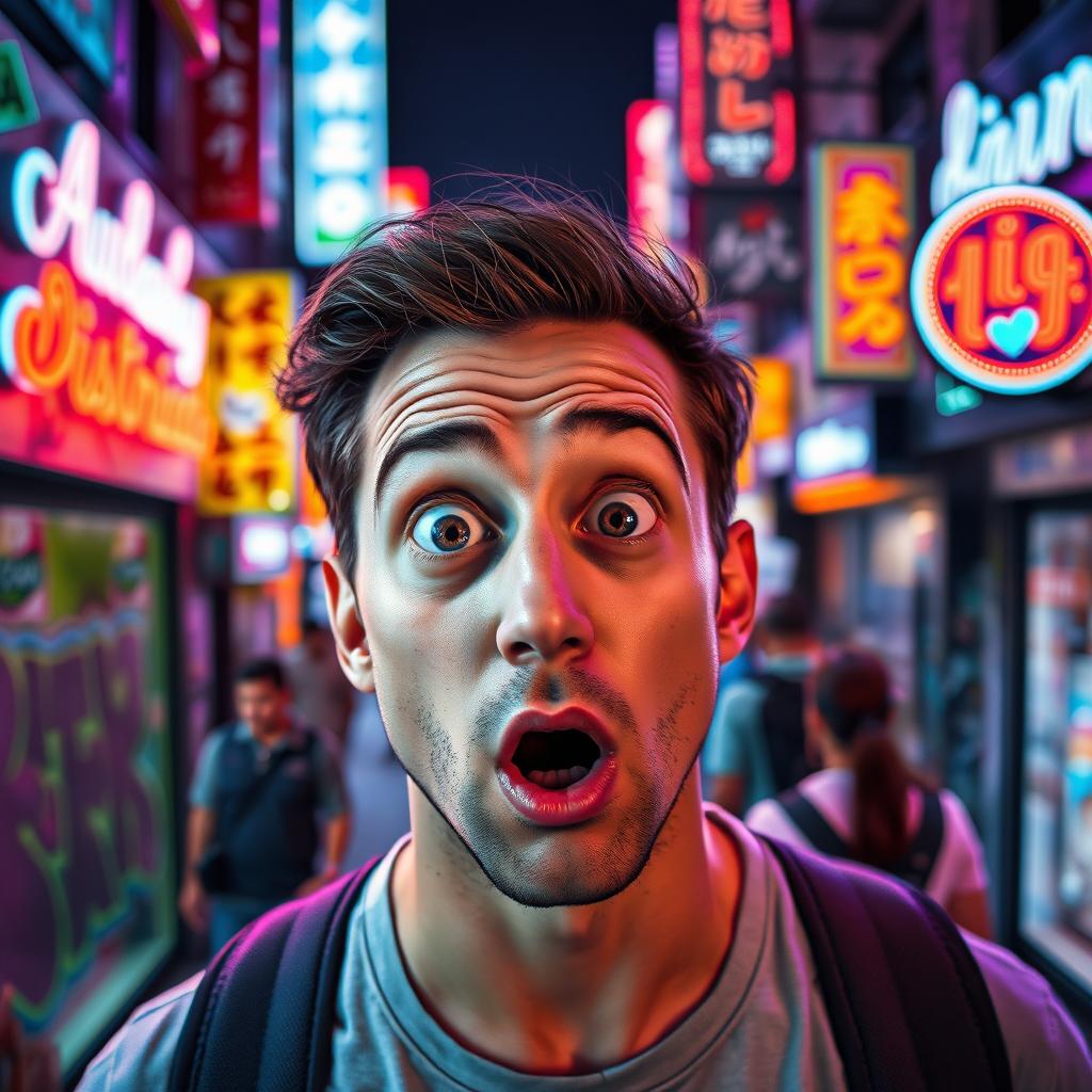 A shocked man with wide open eyes and raised eyebrows, standing in a vibrant city street filled with colorful neon lights