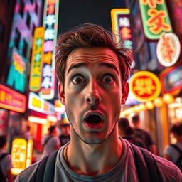 A shocked man with wide open eyes and raised eyebrows, standing in a vibrant city street filled with colorful neon lights