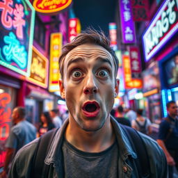 A shocked man with wide open eyes and raised eyebrows, standing in a vibrant city street filled with colorful neon lights