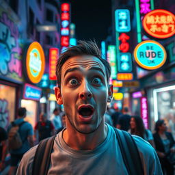 A shocked man with wide open eyes and raised eyebrows, standing in a vibrant city street filled with colorful neon lights