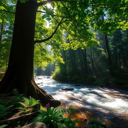 A serene forest scene featuring a sparkling river flowing gently next to a tall, majestic tree