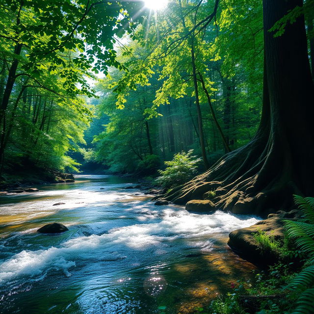 A serene forest scene featuring a sparkling river flowing gently next to a tall, majestic tree