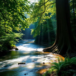 A serene forest scene featuring a sparkling river flowing gently next to a tall, majestic tree
