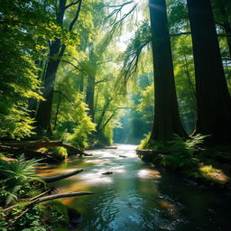 A serene forest scene featuring a sparkling river flowing gently next to a tall, majestic tree