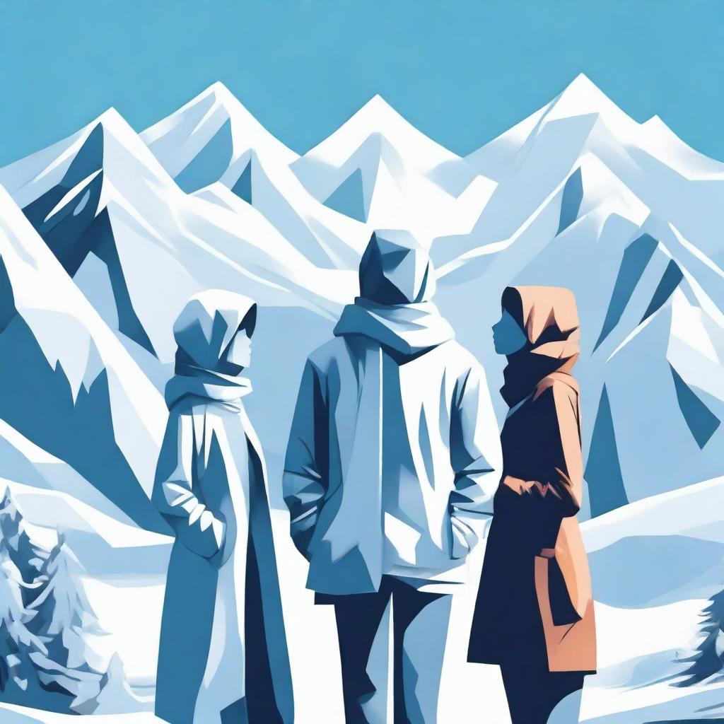 A captivating image of a digital art scene depicting a love triangle between one woman and two men, surrounded by a snowy mountain landscape