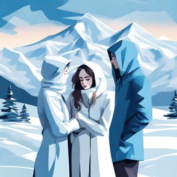 A captivating image of a digital art scene depicting a love triangle between one woman and two men, surrounded by a snowy mountain landscape