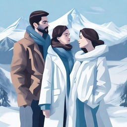 A captivating image of a digital art scene depicting a love triangle between one woman and two men, surrounded by a snowy mountain landscape