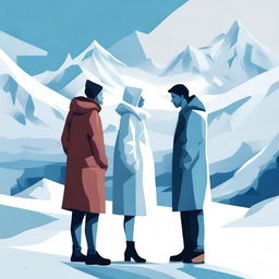 A captivating image of a digital art scene depicting a love triangle between one woman and two men, surrounded by a snowy mountain landscape