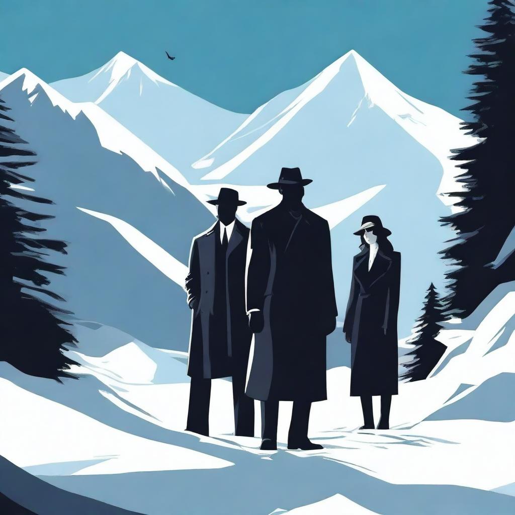 An intriguing image of a digital art scene showcasing a love triangle between one woman and two men dressed as gangsters, set in a snowy mountain landscape