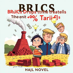 A creative and engaging poster for a novel titled 'BRICS Drops the Dollar, Trump Threatens 100% Tariffs