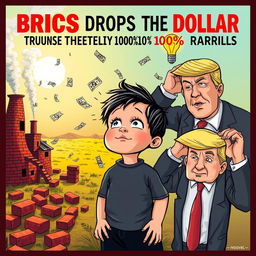 A creative and engaging poster for a novel titled 'BRICS Drops the Dollar, Trump Threatens 100% Tariffs