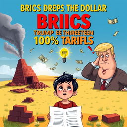 A creative and engaging poster for a novel titled 'BRICS Drops the Dollar, Trump Threatens 100% Tariffs