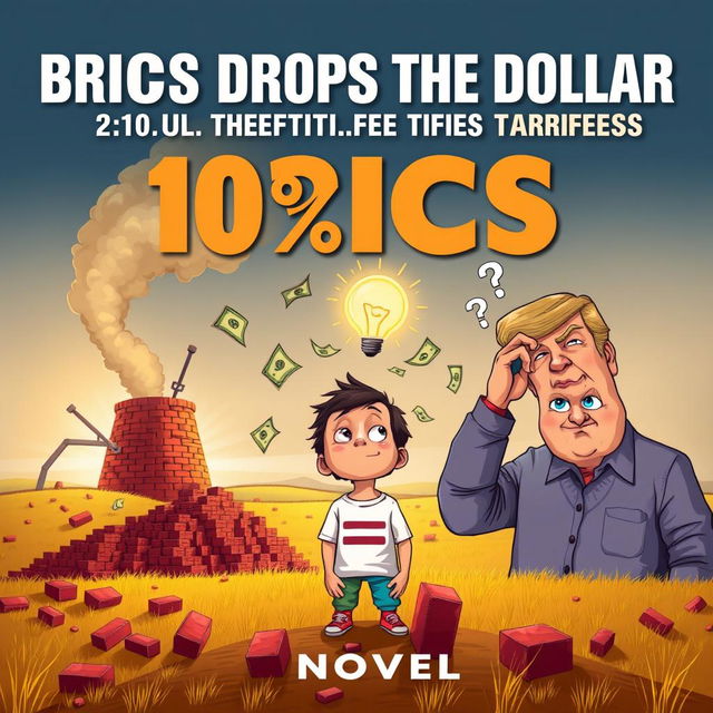 A creative and engaging poster for a novel titled 'BRICS Drops the Dollar, Trump Threatens 100% Tariffs