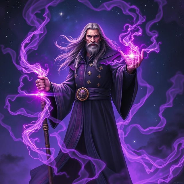 A powerful sorcerer standing confidently, surrounded by swirling purples magical energy that radiates an intense aura of power