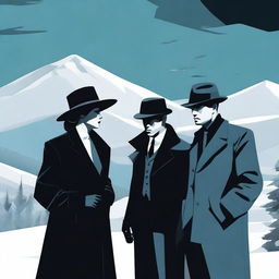 An intriguing image of a digital art scene showcasing a love triangle between one woman and two men dressed as gangsters, set in a snowy mountain landscape