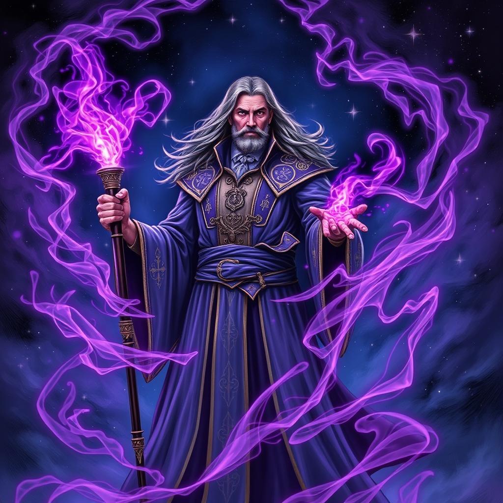 A powerful sorcerer standing confidently, surrounded by swirling purples magical energy that radiates an intense aura of power