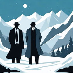 An intriguing image of a digital art scene showcasing a love triangle between one woman and two men dressed as gangsters, set in a snowy mountain landscape