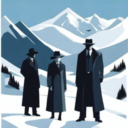 An intriguing image of a digital art scene showcasing a love triangle between one woman and two men dressed as gangsters, set in a snowy mountain landscape