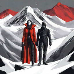 A compelling digital art image depicting a scene with one woman in red winter attire and two men in black leather clothes, guns in hand, amidst a snowy mountain backdrop