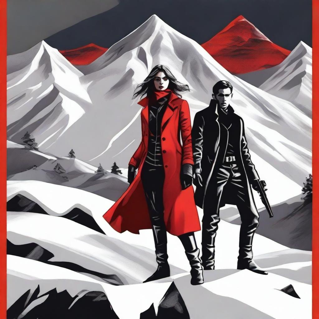 A compelling digital art image depicting a scene with one woman in red winter attire and two men in black leather clothes, guns in hand, amidst a snowy mountain backdrop