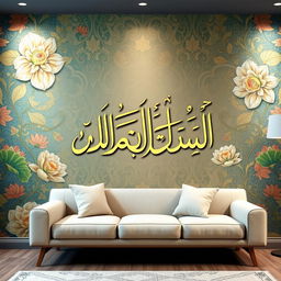 A beautiful and vibrant wall wallpaper design featuring the name 'اسی برکت والا نام' in elegant calligraphy