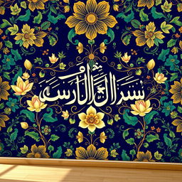 A beautiful and vibrant wall wallpaper design featuring the name 'اسی برکت والا نام' in elegant calligraphy