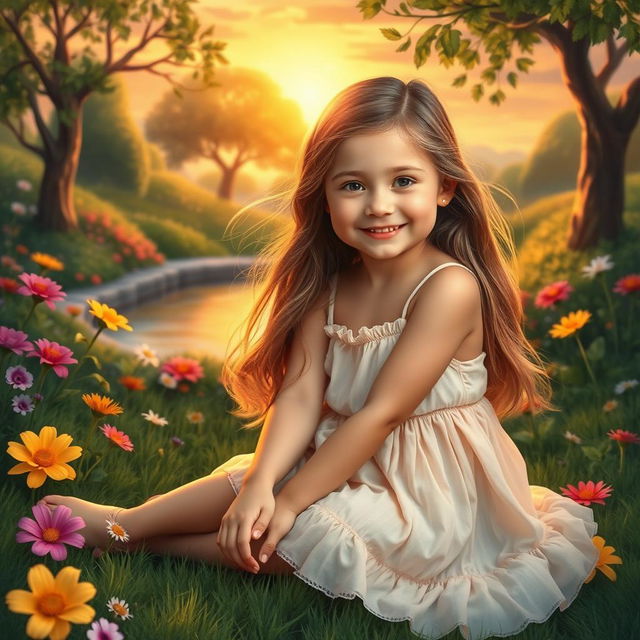 A beautiful young girl sitting gracefully in a serene garden, surrounded by colorful flowers and lush greenery