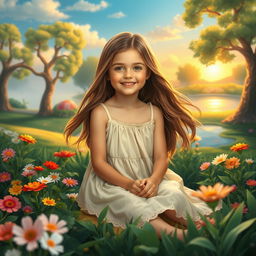 A beautiful young girl sitting gracefully in a serene garden, surrounded by colorful flowers and lush greenery