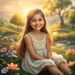 A beautiful young girl sitting gracefully in a serene garden, surrounded by colorful flowers and lush greenery