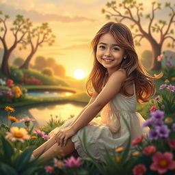 A beautiful young girl sitting gracefully in a serene garden, surrounded by colorful flowers and lush greenery