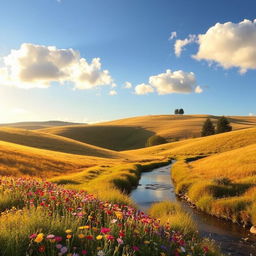 A serene landscape featuring rolling hills bathed in soft golden sunlight, with a bright blue sky dotted with fluffy white clouds