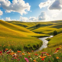 A serene landscape featuring rolling hills bathed in soft golden sunlight, with a bright blue sky dotted with fluffy white clouds