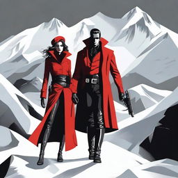 A compelling digital art image depicting a scene with one woman in red winter attire and two men in black leather clothes, guns in hand, amidst a snowy mountain backdrop