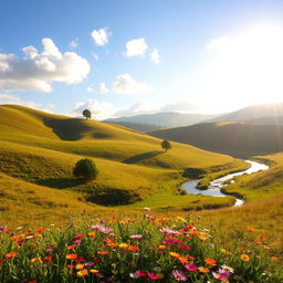 A serene landscape featuring rolling hills bathed in soft golden sunlight, with a bright blue sky dotted with fluffy white clouds