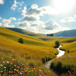 A serene landscape featuring rolling hills bathed in soft golden sunlight, with a bright blue sky dotted with fluffy white clouds