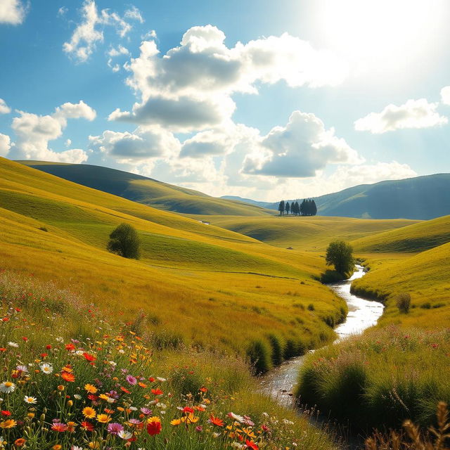 A serene landscape featuring rolling hills bathed in soft golden sunlight, with a bright blue sky dotted with fluffy white clouds