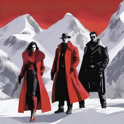 A compelling digital art image depicting a scene with one woman in red winter attire and two men in black leather clothes, guns in hand, amidst a snowy mountain backdrop