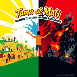 A vibrant poster depicting the concept of 'Tama at Mali' (Right and Wrong) intertwined with 'Kabutihan at Kasamaan' (Goodness and Evil)