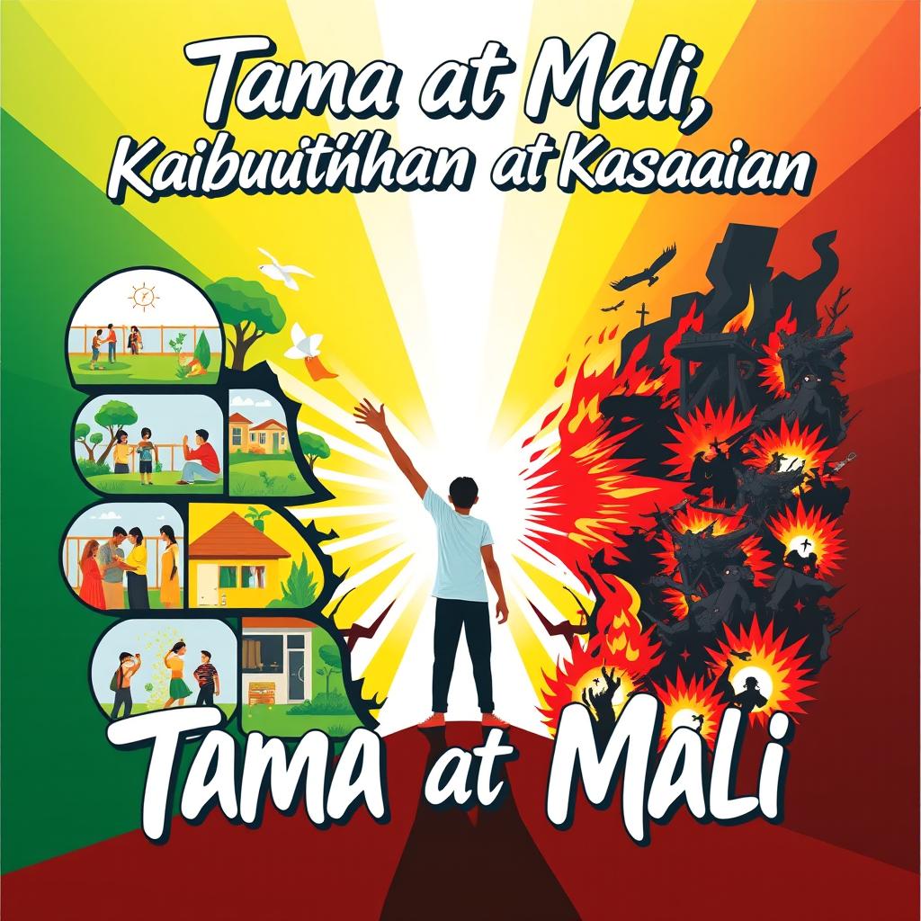 A vibrant poster depicting the concept of 'Tama at Mali' (Right and Wrong) intertwined with 'Kabutihan at Kasamaan' (Goodness and Evil)