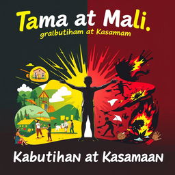 A vibrant poster depicting the concept of 'Tama at Mali' (Right and Wrong) intertwined with 'Kabutihan at Kasamaan' (Goodness and Evil)