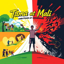 A vibrant poster depicting the concept of 'Tama at Mali' (Right and Wrong) intertwined with 'Kabutihan at Kasamaan' (Goodness and Evil)